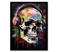 Artery8 Hardcore Punk Music Artwork Vibrant Drip Paint Skull With Headphones Artwork Framed Wall Art Print A4