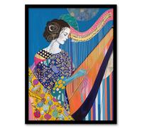 Artery8 Harpist Playing Harp Music Colourful Batik Style Framed Art Print in Blue | Size: A4 Artery8 Blue A4