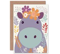 Artery8 Harriet Cute Hippo Flowers Pastel for Child Children Kids Birthday Daughter Son Toddler Baby Blank Art Greeting Card