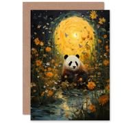 Artery8 Harvest Moon Panda Bear Wildflower Meadow for Child Children Kids Birthday Thank You Congratulations Blank Art Greeting Card