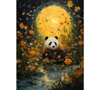 Wall Art Print Harvest Moon Panda Landscape Oil Painting Panda Bear in a Wildflower Meadow with Flowing Stream Kids Bedroom Poster Artery8 Yellow W24 inch x H32 inch