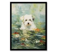 Artery8 Wall Art Print Havanese Dog & Water Lilies Claude Monet Style Oil Painting Art Framed in Black | Size: A4 Artery8 Black A4