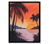 Artery8 Hawaii Sunset Beach Cove Palm Trees Watercolour Framed Art Print in Orange | Size: W12" x H16" Artery8 Orange W12" x H16"
