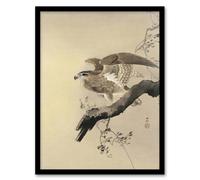 Artery8 Hawk Bird of Prey on Tree Branch Retro Japan Framed Wall Art Print Koson in Beige | Size: A4 Artery8 Beige A4