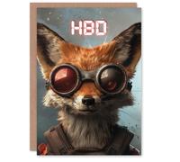 Artery8 HBD Atompunk Animal Red Fox With Goggles Birthday Card in Grey Artery8 Grey