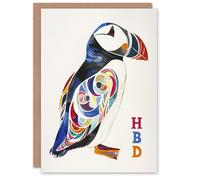Artery8 HBD Puffin Bird Bright Colourful Pattern Folk Art Blank For Him Or Her Art Birthday Card