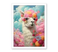 Artery8 Head in the Clouds Conceptual Artwork Fabulous Carefree Llama with Rose Flower Headband Kids Room Artwork Framed Wall Art Print 18X24 Inch