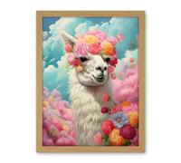 Artery8 Head in the Clouds Conceptual Artwork Fabulous Carefree Llama with Rose Flower Headband Kids Room Artwork Framed Wall Art Print 18X24 Inch