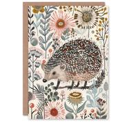Artery8 Greeting Card Hedgehog Flowers Artwork Rustic Woodland Floral Blank For All Him Or Her Art Birthday Card