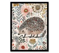 Artery8 Hedgehog Flowers Artwork Rustic Woodland Floral Framed Art Print | Size: A4 Artery8 Multicolor A4