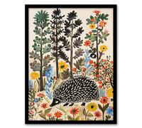 Hedgehog in Forest Folk Art Painting Wildflowers Framed Art Print Artery8 Multi A4