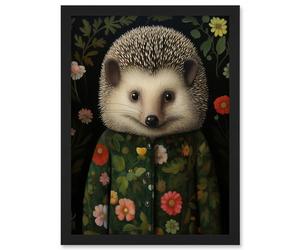 Artery8 Hedgehog in Hedgerow Floral Jacket Cute Kids Bedroom Artwork Framed A3 Wall Art Print