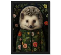 Wall Art Print Hedgehog in Hedgerow Floral Jacket Cute Kids Bedroom Artwork Framed A4 Artery8 Black A4