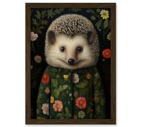 Wall Art Print Hedgehog in Hedgerow Floral Jacket Cute Kids Bedroom Artwork Framed A4 Artery8 Brown A4