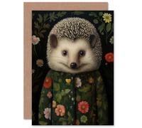 Artery8 Hedgehog in Hedgerow Floral Jacket Cute Kids for Child Children Birthday Congratulations Sister Daughter Blank Art Greeting Card