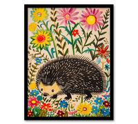 Artery8 Hedgehog in Wildflower Garden Folk Art Painting Kids Bedroom Artwork Framed Wall Art Print A4