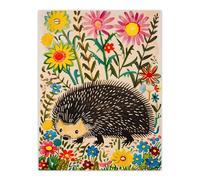Artery8 Hedgehog in Wildflower Garden Folk Art Painting Kids Bedroom Large Wall Art Poster Print Thick Paper 18X24 Inch