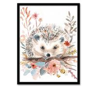 Hedgehog in Wildflowers Modern Watercolour Pastel Framed Art Print Artery8 Pink A4