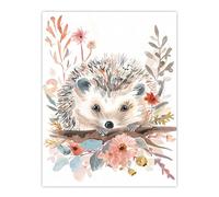 Artery8 Hedgehog in Wildflowers Modern Watercolour Pastel Living Room Large Wall Art Poster Print Thick Paper 18X24 Inch