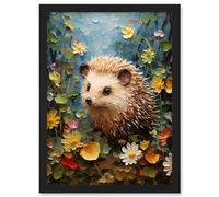 Wall Art Print Hedgehog Wildflower Meadow Thick Paint Oil Painting Kids Bedroom Cute Woodland Creature Artwork Framed A4 Artery8 Black A4