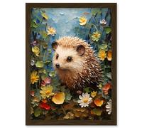 Artery8 Hedgehog Wildflower Meadow Thick Paint Oil Painting Kids Bedroom Cute Woodland Creature Artwork Framed Wall Art Print A4