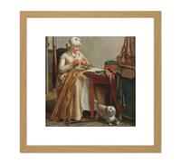 Artery8 Hendriks Interior With Woman Sewing Dog Painting 8X8 Inch Square Wooden Framed Wall Art Print Picture with Mount in Light Oak Artery8 Light Oak
