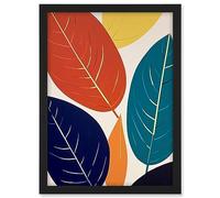 Artery8 Henri Matisse Style Leaves Linocut Painting Blue Yellow Orange Botanical Boho Leaf Artwork Framed A3 Wall Art Print