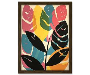 Artery8 Henri Matisse Style Leaves Linocut Pink Yellow Blue Botanical Bright Boho Leaf Artwork Framed A3 Wall Art Print