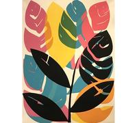 Artery8 Henri Matisse Style Leaves Linocut Pink Yellow Blue Botanical Bright Boho Leaf Extra Large XL Wall Art Poster Print