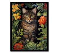 Artery8 Herbaceous Henry The Garden Tabby Cat Stylish Floral Flower Design Illustration Art Print Framed Poster Wall Decor in Black | Size: A4 Artery8 Black A4