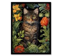 Artery8 Herbaceous Henry The Garden Tabby Cat Stylish Floral Flower Design Illustration Artwork Framed Wall Art Print A4