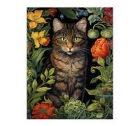 Artery8 Herbaceous Henry The Garden Tabby Cat Stylish Floral Flower Design Illustration Unframed Wall Art Print Poster Home Decor Premium Artery8 Multicolor W12" x H16"