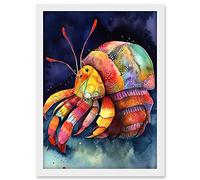 Artery8 Hermit Crab Vibrant Folk Art Watercolour Painting Artwork Framed A3 Wall Art Print