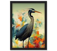 Wee Blue Coo Heron Bird in Abstract Flower Field Colourful Teal Orange Navy Illustration Artwork Framed Wall Art Print A4