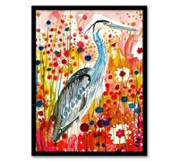 Artery8 Heron Bird in Colourful Abstract Flower Field Living Room Artwork Framed Wall Art Print A4