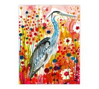 Artery8 Heron Bird in Colourful Abstract Flower Field Wall Art Print in Red | Size: W12" x H16" Artery8 Red W12" x H16"