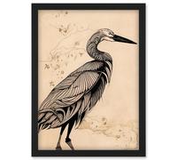 Artery8 Heron Bird Simple Ink Illustration Artwork Framed Wall Art Print A4 in Black Artery8 Black