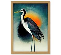 Artery8 Heron Monochrome Bird Portrait Orange Sunrise Illustration Acrylic Paint Artwork Framed Wall Art Print A4 in Light Oak Artery8 Light Oak