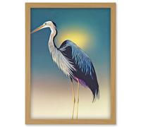 Artery8 Heron Sunrise Bird Illustration Artwork Framed Wall Art Print A4 in Light Oak Artery8 Light Oak