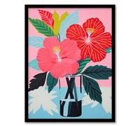 Artery8 Hibiscus Flowers in Vase Stylised Graphic Painting Pink Blue Green Still Life Artwork Framed Wall Art Print 18X24 Inch