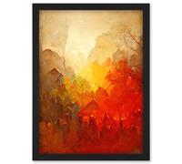 Doppelganger33 LTD Hidden Village Autumn Forest Warm Glow Watercolour Artwork Framed Wall Art Print A4