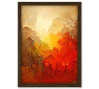 Artery8 Hidden Village Autumn Forest Warm Glow Watercolour Artwork Framed Wall Art Print A4 in Brown Artery8 Brown