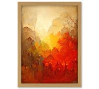 Artery8 Hidden Village Autumn Forest Warm Glow Watercolour Artwork Framed Wall Art Print A4 in Light Oak Artery8 Light Oak