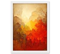 Artery8 Hidden Village Autumn Forest Warm Glow Watercolour Artwork Framed Wall Art Print A4 in White Artery8 White