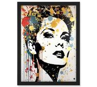 Artery8 High Contrast Female Retro Portrait Gold Red Yellow Splat Paint Teen Room Artwork Framed A3 Wall Art Print