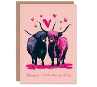 Artery8 Highland Coo Cows Animals in Love Pink Purple Modern Personalised Valentine's Day Card
