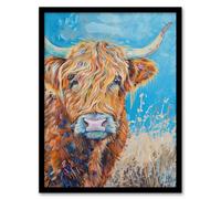 Artery8 Highland Cow Oil Portrait Scottish Summer Framed Art Print in Blue | Size: A4 Artery8 Blue A4