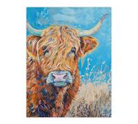 Artery8 Highland Cow Oil Portrait Scottish Summer Wall Art Print in Blue | Size: W24" x H32" Artery8 Blue W24" x H32"