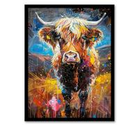 Artery8 Highland Cow Scottish Hairy Coo Paint Splat For Living Room Artwork Framed Wall Art Print 18X24 Inch