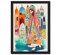 Artery8 Hijab Muslim Woman with Buildings Folk Art Artwork Framed A3 Wall Art Print